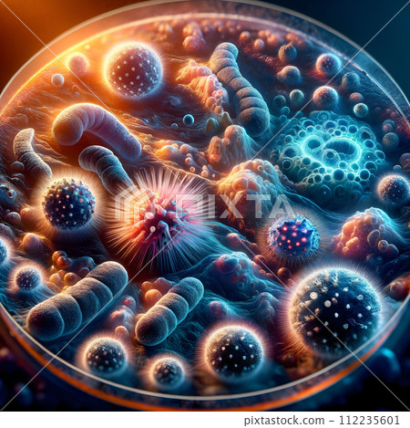 AI-generated content. Bacteria, viruses, and mold in a petri dish. 112235601