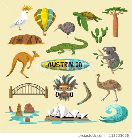 Australia icons. Native identity elements of australia recent vector national illustrations in flat style 112235666