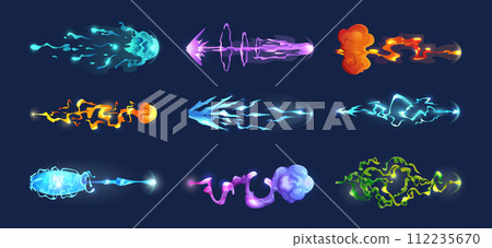 Shooting effect. Splashes from fantastic guns laser shooting exact vector cartoon weapons effects 112235670