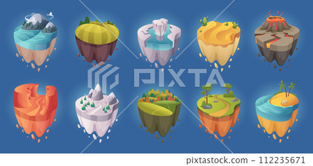Flying islands. Isometric game backgrounds nature fantasy landscapes oceans rivers trees and rocks exact vector illustrations 112235671