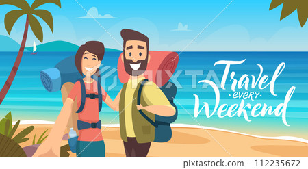 Sea travelers. Male and female characters making selfie on seaside landscape vector banner or placard template Sea travelers. Male and female characters making selfie on seaside landscape vector banner or placard template 112235672