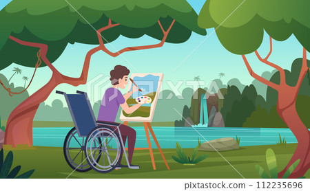 Painter disabled person sitting in wheelchair and painting beautiful nature background Painter disabled person sitting in wheelchair and painting beautiful nature background 112235696
