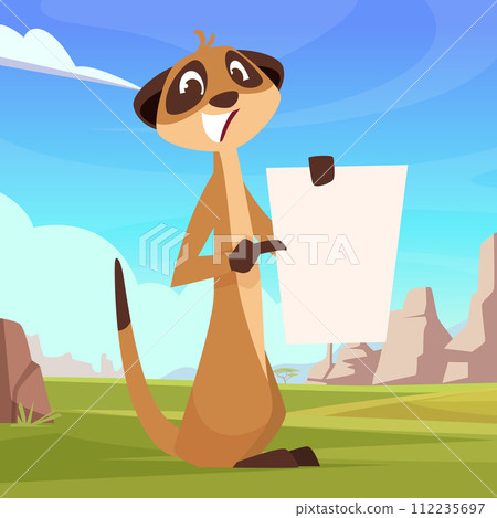 Meerkat wild animal pointing on blank paper sheet 112235697