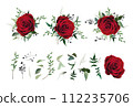 Red rose flower, greenery eucalyptus, vine green leaves, berry branches vector watercolor illustration. Big editable designer elements set with floral bouquets. Greeting, wedding invite, print pattern Red rose flower, greenery eucalyptus, vine green leaves, berry branches vector watercolor illustration. Big editable designer elements set with floral bouquets. Greeting, wedding invite, print pattern 112235706