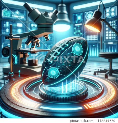 Rugby ball, with holographic detailing, inside a high tech laboratory. Generative AI 112235770