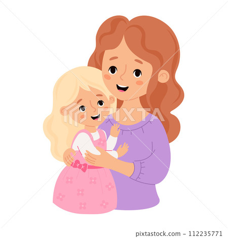 Cute woman with with my blonde daughter. Vector illustration flat cartoon style. Happy holiday female character for birthday, Women's Day, Mother's Day design 112235771