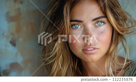 Close Up of Woman With Blue Eyes 112235876