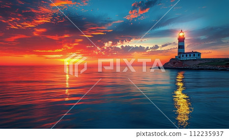 Sunset Over Ocean With Lighthouse in Distance 112235937