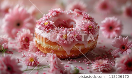 Donut With Pink Icing and Flowers on Wooden Board 112236170