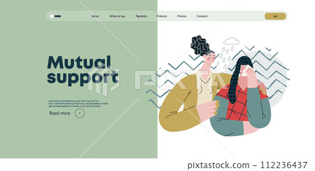 Mutual Support: Emotional aid and support -modern flat vector concept illustration of a woman comforting her friend in her sorrow A metaphor of voluntary, collaborative exchanges of resource, services Mutual Support: Emotional aid and support -modern flat vector concept illustration of a woman comforting her friend in her sorrow A metaphor of voluntary, collaborative exchanges of resource, services 112236437