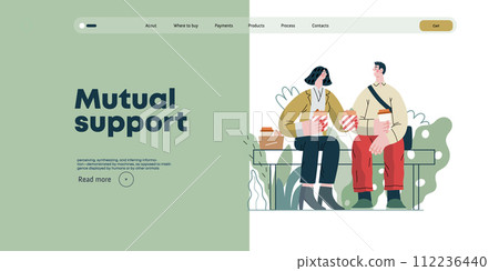 Mutual Support: Share food -modern flat vector concept illustration of woman offering half of her lunch to colleague in the park. A metaphor of voluntary, collaborative exchanges of resource, services 112236440
