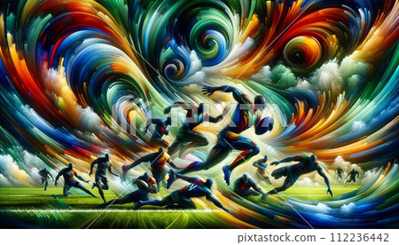An artistic colorful representation of a figures of rugby players in the game dynamic scene. Generative AI 112236442