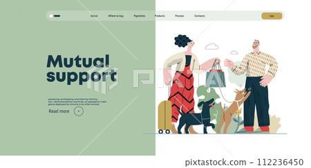 Mutual Support: Pet-sitting -modern flat vector concept illustration of a woman going on vacation leaving her dogs with neighbor. A metaphor of voluntary, collaborative exchanges of resource, services 112236450