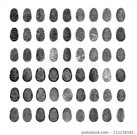 AI-generated content. Fingerprints in black color vector set. Minimalistic silhouettes of human skin patterns, abstract icons, graphics isolated on white background 112236583