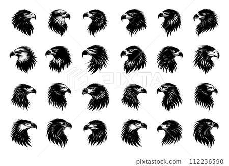 AI-generated content. Eagles, predator head, black and white graphics in lineart style. Bird avatars, sky hunters, flying animals, grayscale vector concepts isolated on white background 112236590
