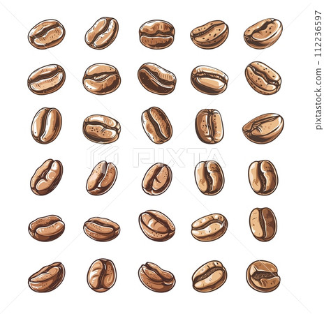AI-generated content. Coffee beans in cartoon pencil style. Plant seeds for making hot and cold drink, Espresso, Americano, Latte, Cappuccino, Affogato, from different angles of view, vector objects AI-generated content. Coffee beans in cartoon pencil style. Plant seeds for making hot and cold drink, Espresso, Americano, Latte, Cappuccino, Affogato, from different angles of view, vector objects 112236597