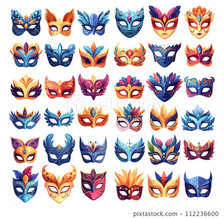 AI-generated content. Carnival masks, with feathers and patterns, big vector set. Venetian jewelry for masquerades, balls, and holidays, in detailed cartoon style. Anonymity accessories isolated on AI-generated content. Carnival masks, with feathers and patterns, big vector set. Venetian jewelry for masquerades, balls, and holidays, in detailed cartoon style. Anonymity accessories isolated on 112236600
