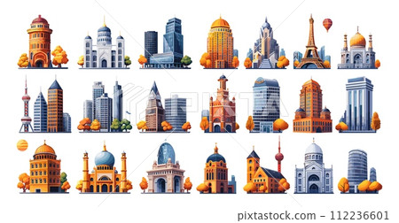 AI-generated content. Buildings, modern and old, large vector set in flat colorful style. Cartoon architecture, skyscrapers, Eiffel Tower, cathedrals, shopping malls, with trees and landscape details 112236601