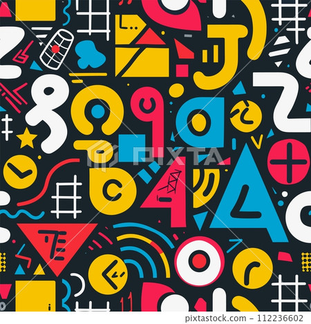 AI-generated content. Bright geometric abstract shapes seamless pattern. Mathematical symbols, colorful numbers letters objects background. Colorful vector texture, vibrant concept for design graphics AI-generated content. Bright geometric abstract shapes seamless pattern. Mathematical symbols, colorful numbers letters objects background. Colorful vector texture, vibrant concept for design graphics 112236602