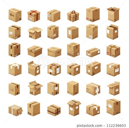 AI-generated content. Boxes vector isometric set. Different types of packages, paper and cardboard, open and closed, elements of logistics, delivery, gifts, wrappers, isolated on white background 112236603