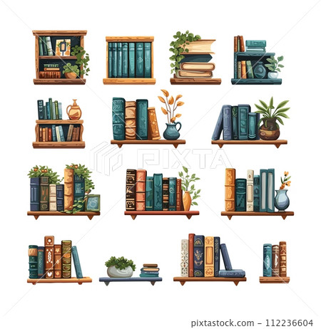 AI-generated content. Bookshelves with books, houseplants, frames and watches in cartoon style. Object of wooden furniture, storage, reading, isolated vector set on white background 112236604
