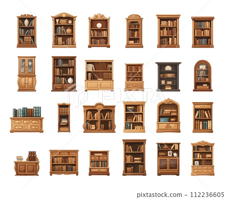 AI-generated content. Bookcases with shelves and books in flat detailed style. Wooden furniture, chests of drawers, secretaries, interior objects, storage, glass, library and reading, isolated vector 112236605