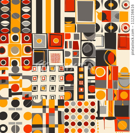 AI-generated content. Abstract background in geometric retro design, and pastel colors. Orange, gray, black and red colors, square and circle, minimalism, vintage composition for graphics, printing AI-generated content. Abstract background in geometric retro design, and pastel colors. Orange, gray, black and red colors, square and circle, minimalism, vintage composition for graphics, printing 112236616