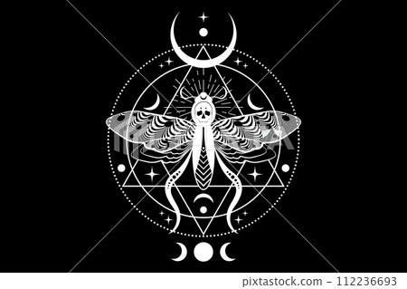 Mystical death head moth in dark black color. Cresent moon and wiccan triple goddess, butterfly with a skull. Sacred geometry. Alchemy, magic, esoteric, occult sign isolated on black background Mystical death head moth in dark black color. Cresent moon and wiccan triple goddess, butterfly with a skull. Sacred geometry. Alchemy, magic, esoteric, occult sign isolated on black background 112236693
