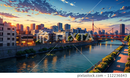 動畫背景_風景與河流_黃昏_002 112236843