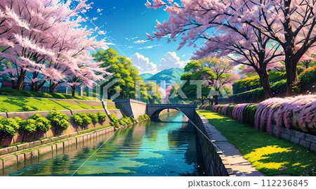 Anime background_Landscape with river_Spring_001 112236845
