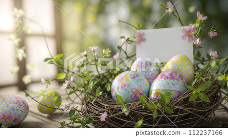 AI-generated content. painted easter eggs and flowers on a rustic wooden background, embodying the joy of spring 112237166
