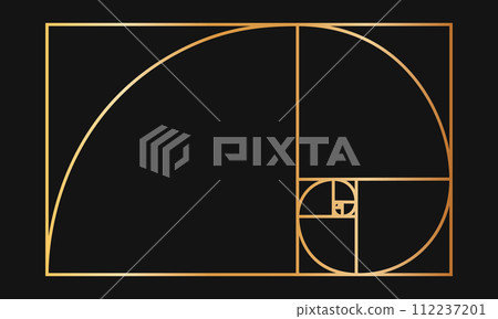 Golden ratio template. Gold logarithmic spiral in rectangle frame divided on squares. Fibonacci sequence grid. Leonardo da Vinci divine proportion. Ideal nature symmetry layout. Vector illustration 112237201