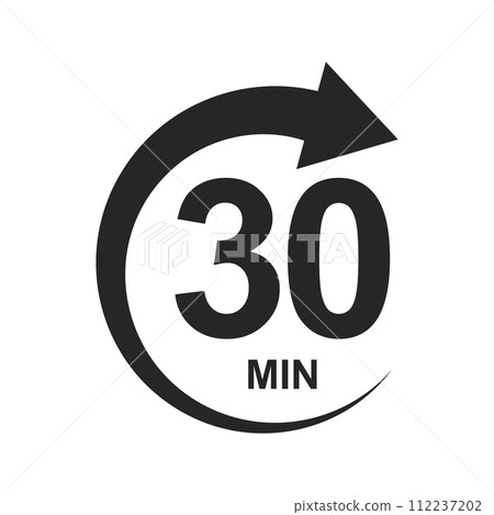 30 minutes with round arrow icon. Half hour countdawn sign. Stopwatch symbol. Sport or cooking timer isolated on white background. Delivery, deadline, duration pictogram. Vector graphic illustration 112237202