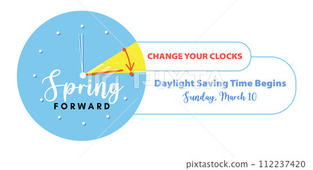 Daylight Saving Time Begins. Spring Forward Time in March 10, 2024 Web Banner Reminder. Vector illustration with clocks turning to an hour ahead Daylight Saving Time Begins. Spring Forward Time in March 10, 2024 Web Banner Reminder. Vector illustration with clocks turning to an hour ahead 112237420