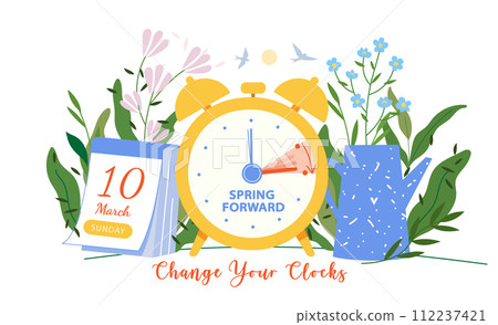 Spring daylight time concept. Clocks are moved forward one hour with calendar date sunday, 10 march, 2024. Schedule banner reminder. Spring Forward positive illustration with alarm clock Spring daylight time concept. Clocks are moved forward one hour with calendar date sunday, 10 march, 2024. Schedule banner reminder. Spring Forward positive illustration with alarm clock 112237421