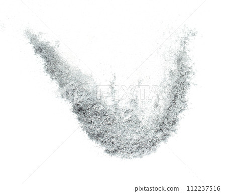 Silver metallic glitter sparkle explosion in air. Silver Glitter sand spark blink celebrate Chinese new year, fly throw silver glitters particle. White background isolated, selective focus Blur bokeh 112237516