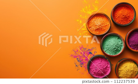 Bowls with colored powder for indian celebration of Holi on warm orange background. Bowls with colored powder for indian celebration of Holi on warm orange background. 112237539