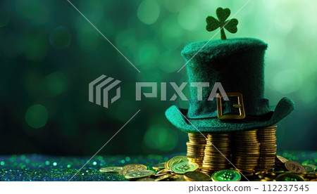 Leprechaun hat with gold coins and clover on green sparkling background. St. Patrick's Day celebration concept for greeting card and banner design with copy space for text 112237545
