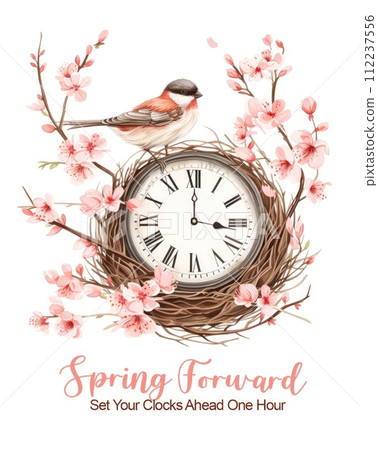 Daylight saving time begins banner. Spring forward reminder card with clock in nest and bird with blossoming flowers. Text Set your clocks one hour ahead. Illustration in vintage watercolor style 112237556