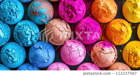 Holi pressed colorful powder in balls. Colorful holi bombs balls made from colored mica powder. Indian Holi festival background 112237567