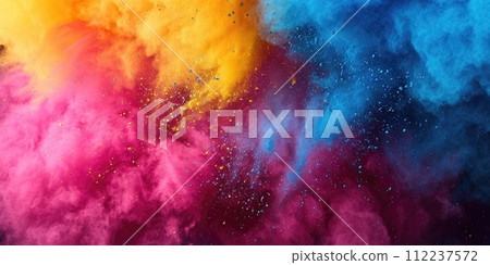Splash of color powder background. Multicolored background. Explosion of vibrant colorful powder. Colorful vibrant smoke. Abstract background. Good for Indian holiday Holy 112237572