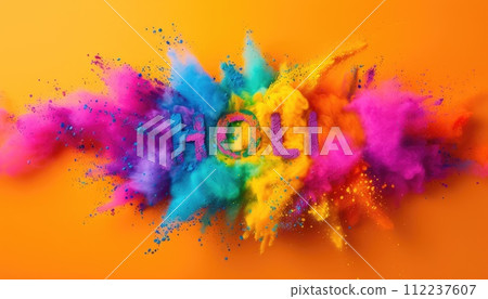 Explosive Holi festival powder with vibrant colors spelling HOLI. Dynamic and colorful concept for traditional Indian Holi celebration. Multicolored text on bright orange background 112237607