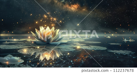 Illustration of Pink lotus flowers in the middle of a pond, surrounded by stars in the night sky. Magha Puja, Asanha Puja, and Visakha Puja Day. Buddhist holiday Concept. Generative Ai. Illustration of Pink lotus flowers in the middle of a pond, surrounded by stars in the night sky. Magha Puja, Asanha Puja, and Visakha Puja Day. Buddhist holiday Concept. Generative Ai. 112237678