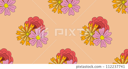 Spring seamless pattern with meadow flowers, rose, daisy and calendula or marigold on apricot, vector 112237741