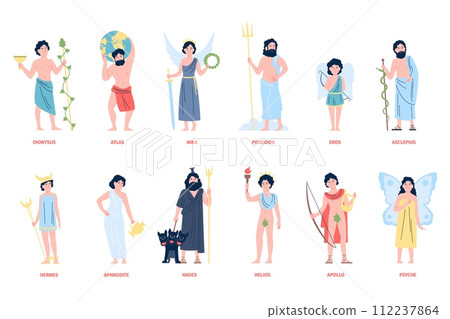Greek olympian gods and goddess. Mythology of Greece cartoon characters. Cute Eros and Psyche, Aphrodite and Hermes. Myths heroes recent vector set Greek olympian gods and goddess. Mythology of Greece cartoon characters. Cute Eros and Psyche, Aphrodite and Hermes. Myths heroes recent vector set 112237864