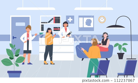 People waiting doctor. Hospital or clinic interior. Patients, administrator and nurse. Young girl at medical center reception, splendid healthcare vector scene People waiting doctor. Hospital or clinic interior. Patients, administrator and nurse. Young girl at medical center reception, splendid healthcare vector scene 112237867