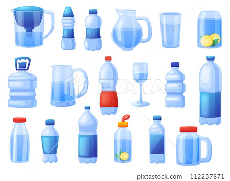 Drink more water. Plastic and glass bottles, glasses, jars and jugs for liquids. Fresh drinks for hot day. Drink with lemon and mint, nowaday vector set 112237871