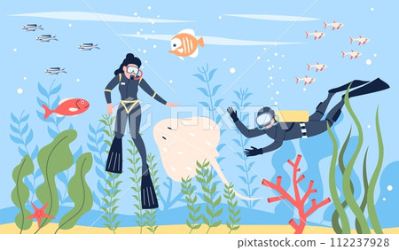 Underwater swimmers swim in ocean. Scuba diving tourists or professional. Resting and explore sea, fish and plants, flat recent vector scene Underwater swimmers swim in ocean. Scuba diving tourists or professional. Resting and explore sea, fish and plants, flat recent vector scene 112237928