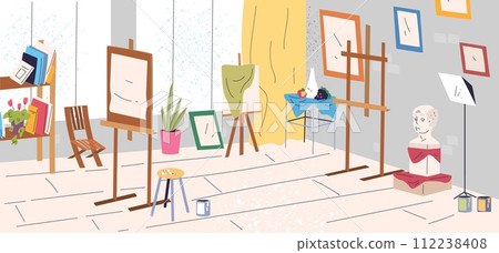 Fine art studio. Artists workshop atelier room interior, painting academy class school classroom easel plaster canvas table painter workplace accessories classy vector illustration 112238408