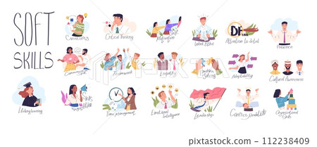Soft skills. Employee individual self skill attribition, people softskills resource empathy polite positive motivated teamwork leader business work goal, classy vector illustration 112238409